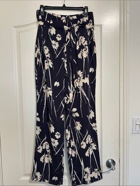 Zara Black Wide-Leg Floral Pants with Cream Print